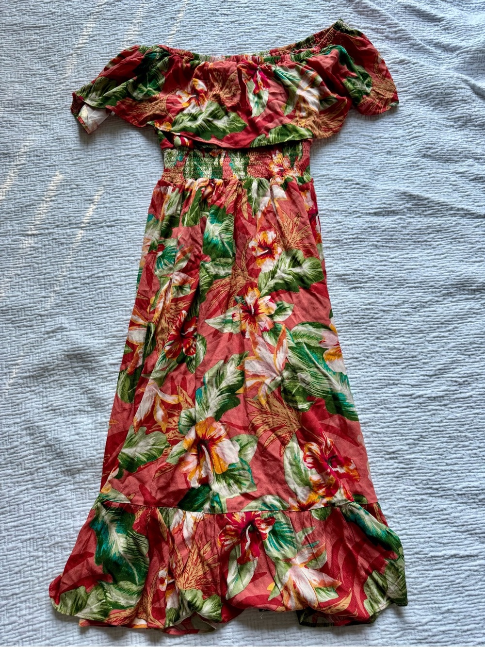 Off-Shoulder Coral Floral Maxi Dress